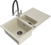 Mexen Matias Granitspüle 1,5-Kammer mit Abtropffläche und Küchenarmatur Duo, beige - 6502-69-671701-07-B