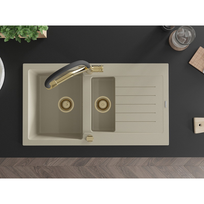 Mexen Matias Granitspüle 1,5-Becken mit Abtropffläche und Küchenarmatur Duo, beige - 6502-69-671701-57-G