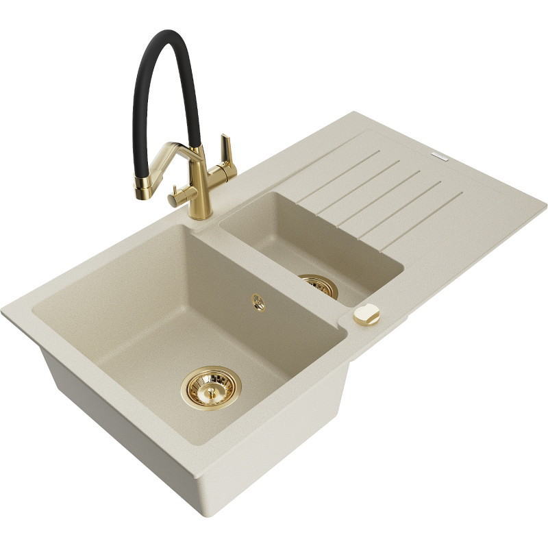Mexen Matias Granitspüle 1,5-Becken mit Abtropffläche und Küchenarmatur Duo, beige - 6502-69-671701-57-G