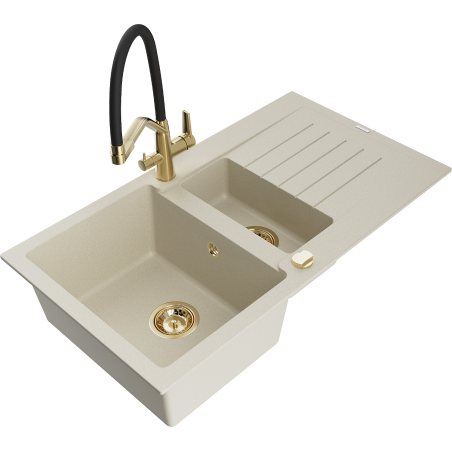 Mexen Matias Granitspüle 1,5-Becken mit Abtropffläche und Küchenarmatur Duo, beige - 6502-69-671701-57-G