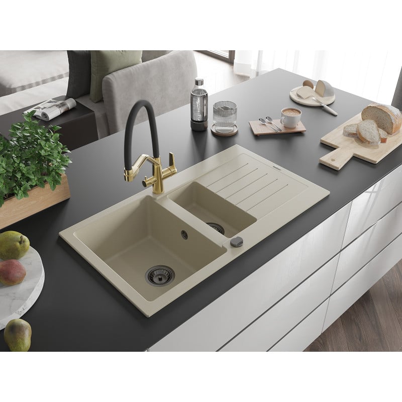 Mexen Matias Granitspüle 1,5 Becken mit Abtropffläche und Küchenarmatur Duo, beige - 6502-69-671701-57-B