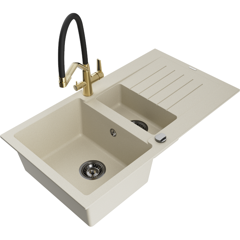 Mexen Matias Granitspüle 1,5 Becken mit Abtropffläche und Küchenarmatur Duo, beige - 6502-69-671701-57-B