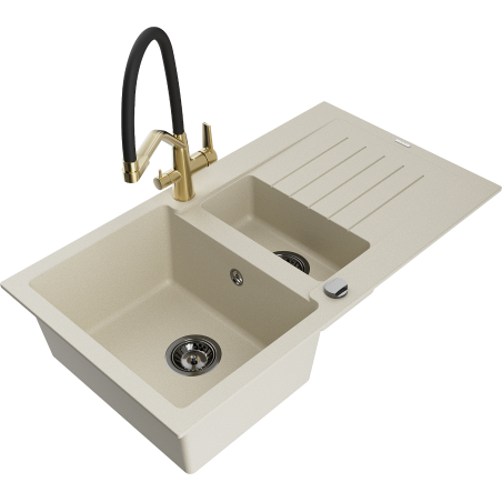 Mexen Matias Granitspüle 1,5 Becken mit Abtropffläche und Küchenarmatur Duo, beige - 6502-69-671701-57-B