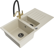 Mexen Matias Granitspüle 1,5 Becken mit Abtropffläche und Küchenarmatur Duo, beige - 6502-69-671701-57-B