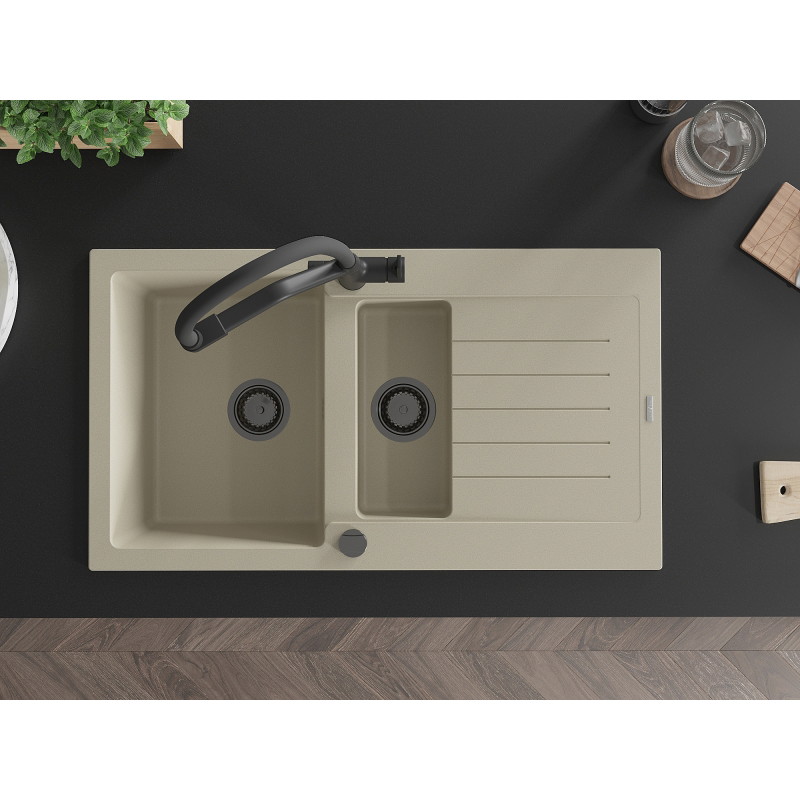 Mexen Matias Granitspüle 1,5-Becken mit Abtropffläche und Duo-Küchenarmatur, beige - 6502-69-671701-70-B