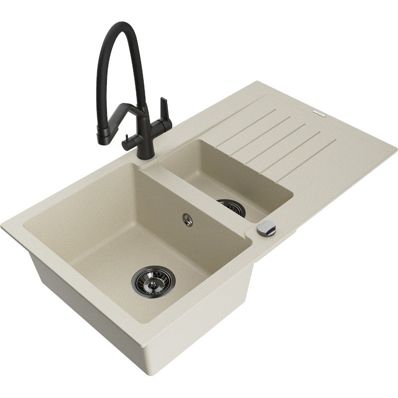 Mexen Matias Granitspüle 1,5-Becken mit Abtropffläche und Duo-Küchenarmatur, beige - 6502-69-671701-70-B