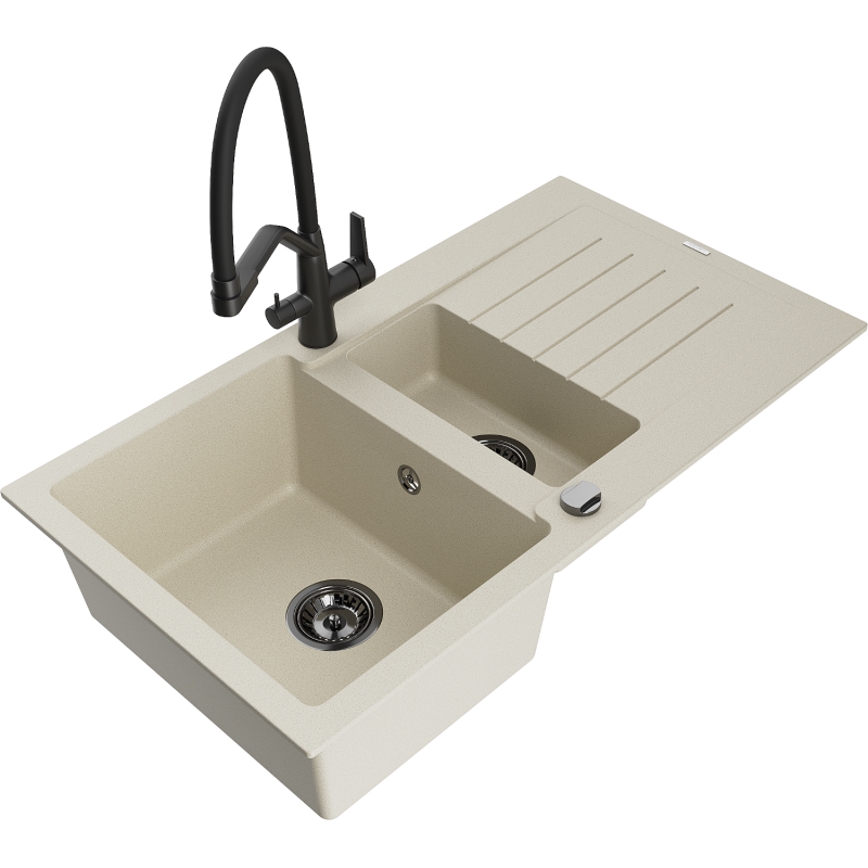 Mexen Matias Granitspüle 1,5-Becken mit Abtropffläche und Küchenarmatur Duo, beige - 6502-69-671701-70-B