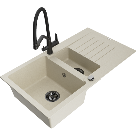 Mexen Matias Granitspüle 1,5-Becken mit Abtropffläche und Küchenarmatur Duo, beige - 6502-69-671701-70-B