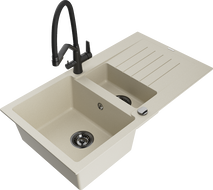 Mexen Matias Granitspüle 1,5-Becken mit Abtropffläche und Küchenarmatur Duo, beige - 6502-69-671701-70-B