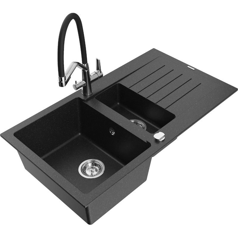 Mexen Matias Granit-Spüle 1,5-Becken mit Abtropffläche und Küchenarmatur Duo, Schwarz/Silber Metallic - 6502-73-671701-07