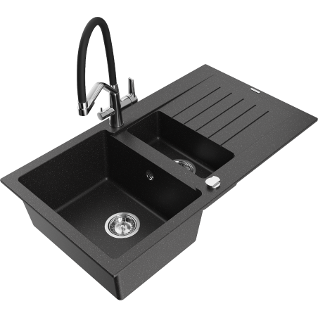 Mexen Matias Granit-Spüle 1,5-Becken mit Abtropffläche und Küchenarmatur Duo, Schwarz/Silber Metallic - 6502-73-671701-07