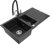 Mexen Matias Granit-Spüle 1,5-Becken mit Abtropffläche und Küchenarmatur Duo, Schwarz/Silber Metallic - 6502-73-671701-07