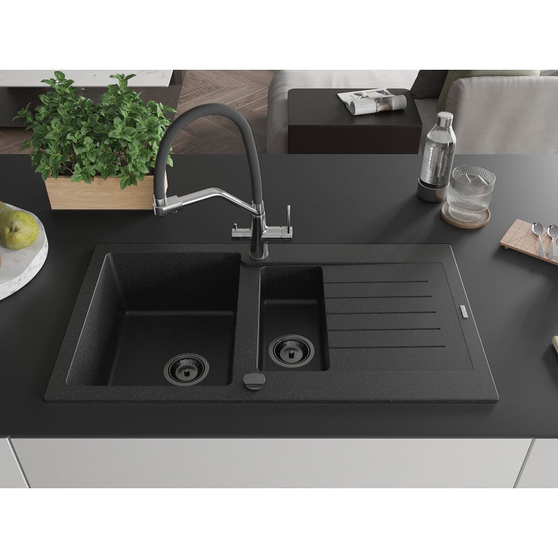 Mexen Matias Granitspüle 1,5-Becken mit Abtropffläche und Küchenarmatur Duo, schwarz/silber - 6502-73-671701-07-B