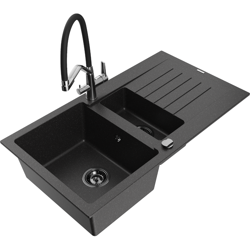 Mexen Matias Granitspüle 1,5-Becken mit Abtropffläche und Küchenarmatur Duo, schwarz/silber - 6502-73-671701-07-B