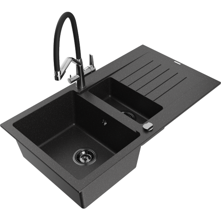 Mexen Matias Granitspüle 1,5-Becken mit Abtropffläche und Küchenarmatur Duo, schwarz/silber - 6502-73-671701-07-B