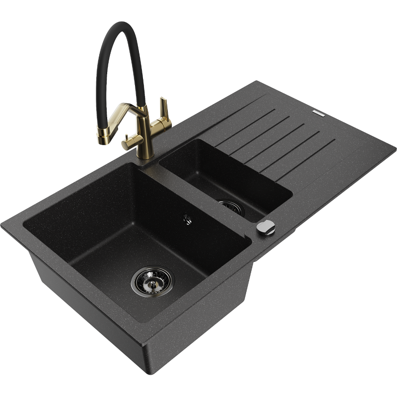 Mexen Matias Granitspüle 1,5-Kammer mit Abtropffläche und Küchenarmatur Duo, schwarz/silber - 6502-73-671701-57-B