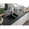 Mexen Matias Granitspüle 1,5-Becken mit Abtropffläche und Küchenarmatur Duo, schwarz/silber - 6502-73-671701-70-B