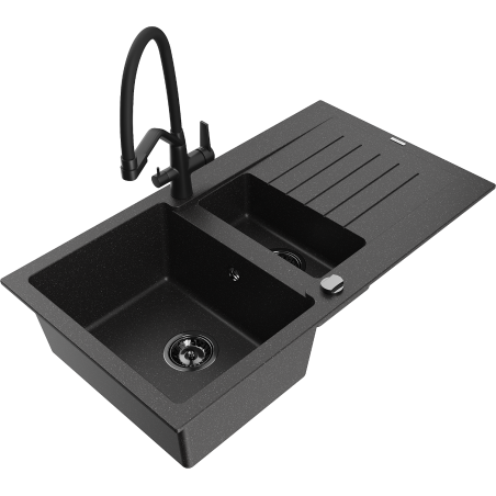 Mexen Matias Granitspüle 1,5-Becken mit Abtropffläche und Küchenarmatur Duo, schwarz/silber - 6502-73-671701-70-B