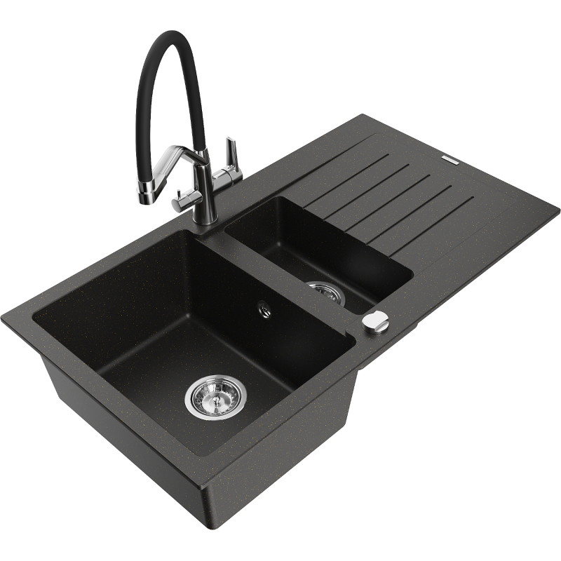 Mexen Matias granitspüle 1,5-becken mit abtropffläche und küchenarmatur Duo, schwarz/gold metallic - 6502-75-671701-07