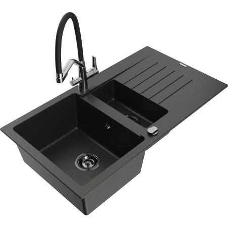 Mexen Matias 1,5-fach Granitspüle mit Abtropffläche und Duo-Küchenarmatur, schwarz/goldener Metallic - 6502-75-671701-07-B