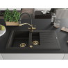 Mexen Matias 1,5-Kammer Granitspüle mit Abtropffläche und Küchenarmatur Duo, schwarz/gold metallic - 6502-75-671701-57-G