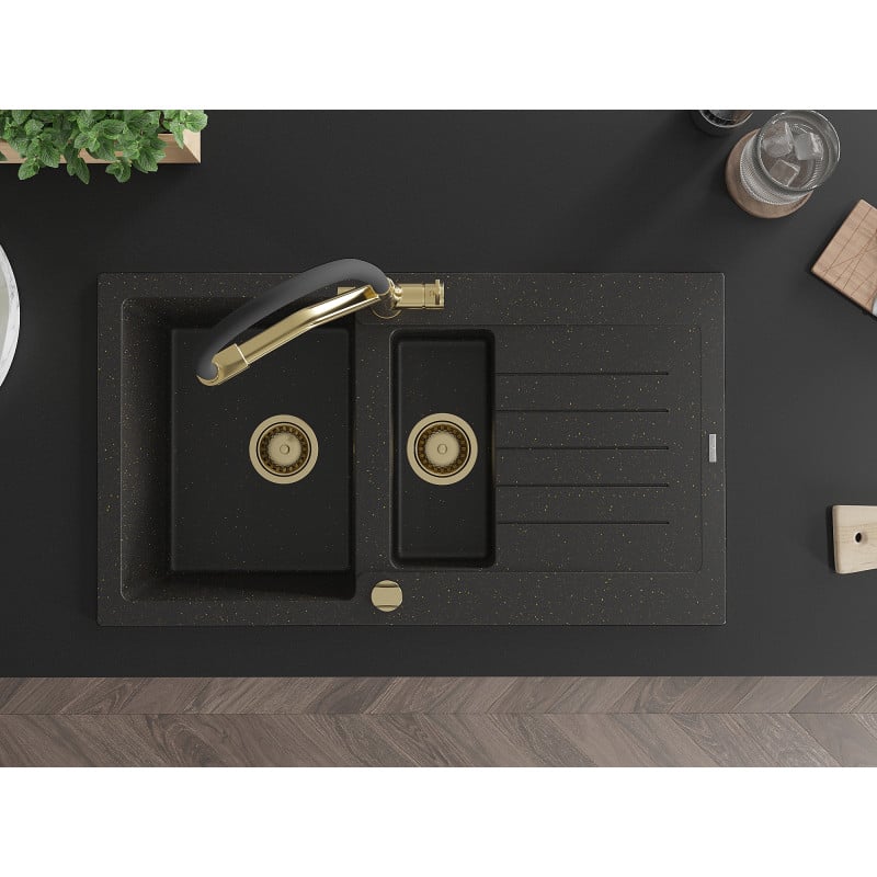 Mexen Matias Granitspüle 1,5-Komponenten mit Abtropffläche und Küchenarmatur Duo, schwarz/goldmetallic - 6502-75-671701-57-G