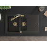 Mexen Matias 1,5-Kammer Granitspüle mit Abtropffläche und Küchenarmatur Duo, schwarz/gold metallic - 6502-75-671701-57-G