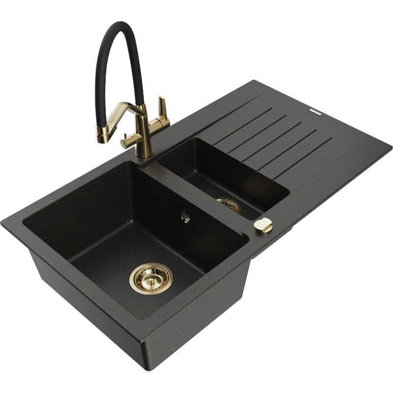 Mexen Matias granitspüle 1,5-becken mit abtropffläche und küchenarmatur Duo, schwarz/gold metallic - 6502-75-671701-57-G