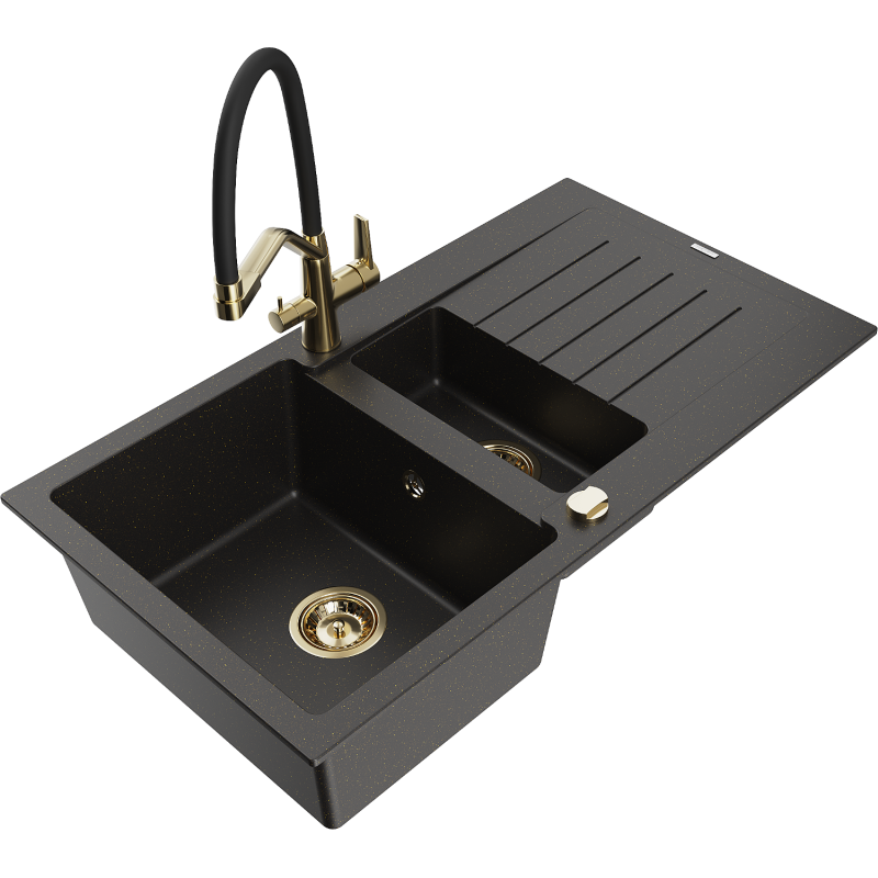 Mexen Matias Granitspüle 1,5-Komponenten mit Abtropffläche und Küchenarmatur Duo, schwarz/goldmetallic - 6502-75-671701-57-G
