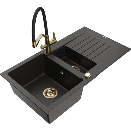 Mexen Matias Granitspüle 1,5-Komponenten mit Abtropffläche und Küchenarmatur Duo, schwarz/goldmetallic - 6502-75-671701-57-G
