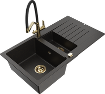 Mexen Matias 1,5-Kammer Granitspüle mit Abtropffläche und Küchenarmatur Duo, schwarz/gold metallic - 6502-75-671701-57-G