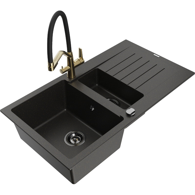 Mexen Matias Granit-Spülbecken 1,5-fach mit Abtropffläche und Küchenarmatur Duo, schwarz/gold metallic - 6502-75-671701-57-B