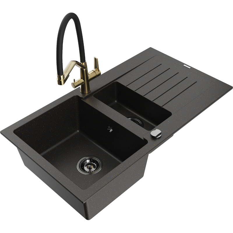 Mexen Matias Granitspüle 1,5-Becken mit Abtropffläche und Duo-Küchenarmatur, schwarz/gold metallic - 6502-75-671701-57-B