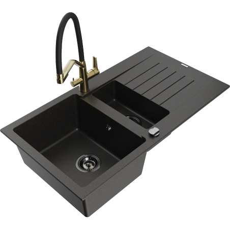 Mexen Matias Granitspüle 1,5-Becken mit Abtropffläche und Duo-Küchenarmatur, schwarz/gold metallic - 6502-75-671701-57-B