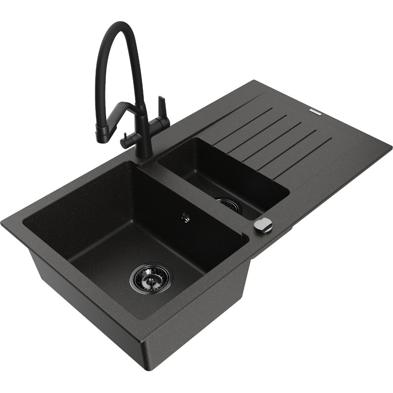 Mexen Matias 1,5-Kammer Granitspüle mit Abtropffläche und Küchenarmatur Duo, schwarz/gold metallic - 6502-75-671701-70-B