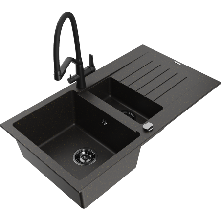 Mexen Matias Granitspüle 1,5-Becken mit Abtropffläche und Küchenarmatur Duo, Schwarz/Gold metallic - 6502-75-671701-70-B