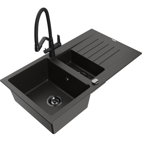 Mexen Matias Granitspüle 1,5-Becken mit Abtropffläche und Küchenarmatur Duo, schwarz/goldenes Metallic - 6502-75-671701-70-B