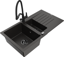 Mexen Matias Granitspüle 1,5-Becken mit Abtropffläche und Küchenarmatur Duo, schwarz/goldenes Metallic - 6502-75-671701-70-B