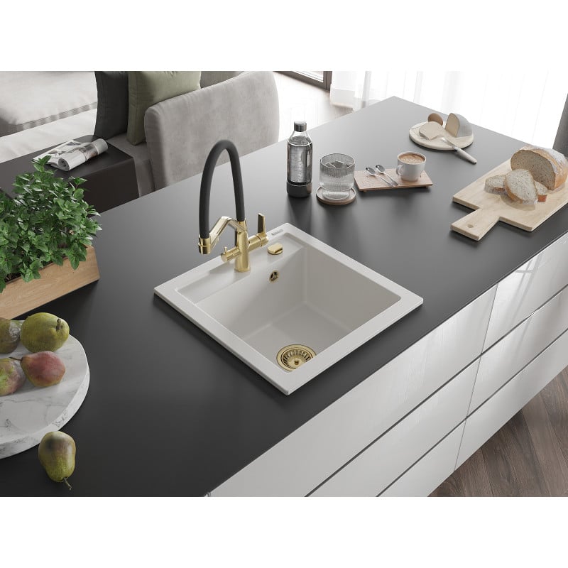 Mexen Vito 1-Kammer Granitspüle mit Küchenarmatur Duo, weiß - 6503-20-671701-57-G