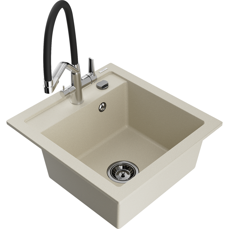 Mexen Vito Granitspüle 1-becken mit Küchenarmatur Duo, beige - 6503-69-671701-07-B