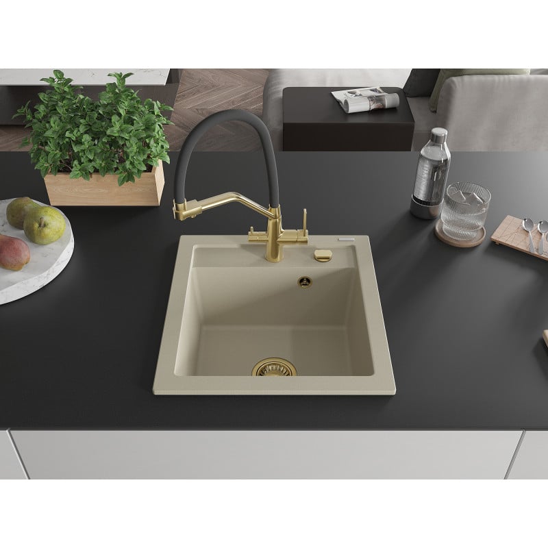 Mexen Vito Granitspüle 1-Becken mit Küchenarmatur Duo, Beige - 6503-69-671701-57-G