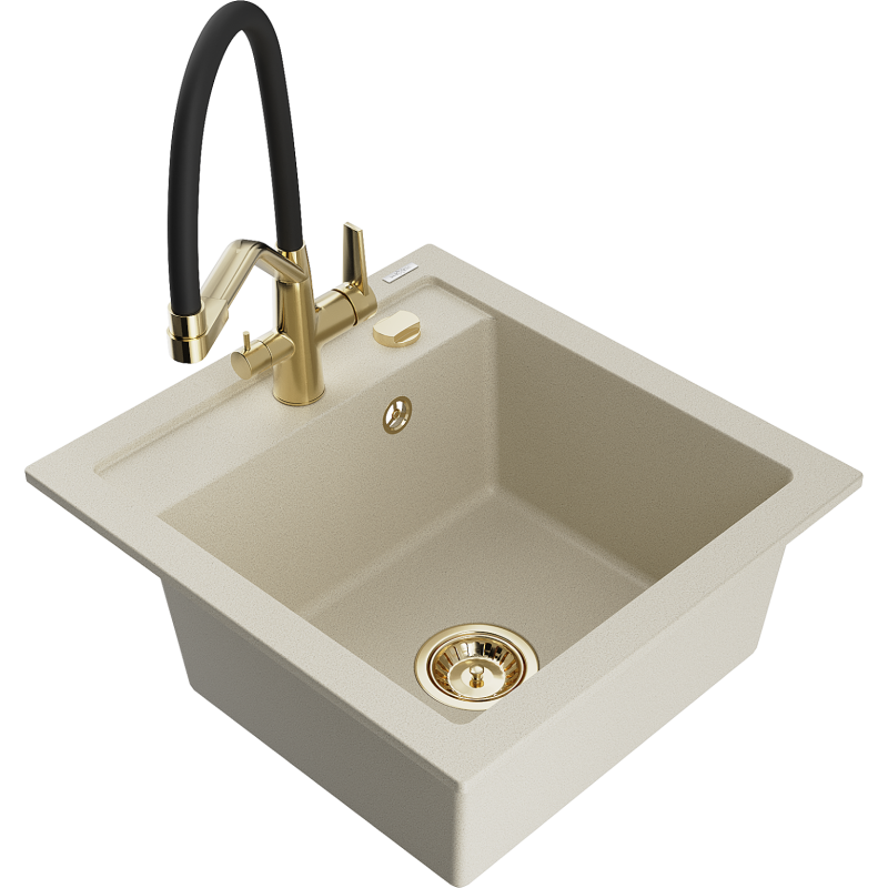 Mexen Vito Granitspüle 1-Becken mit Küchenarmatur Duo, Beige - 6503-69-671701-57-G