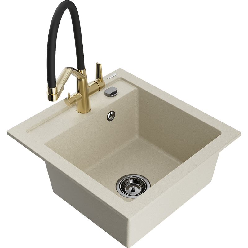 Mexen Vito Granitspüle 1-Becken mit Küchenarmatur Duo, Beige - 6503-69-671701-57-B