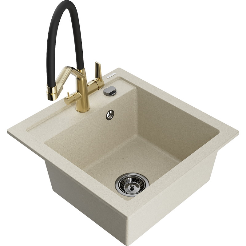Mexen Vito Granitspüle 1-beckig mit Küchenarmatur Duo, beige - 6503-69-671701-57-B