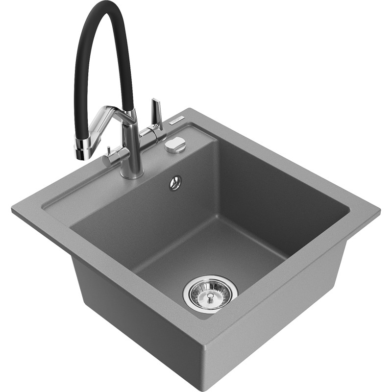 Mexen Vito Granitspüle 1-Becken mit Küchenarmatur Duo, grau - 6503-71-671701-07