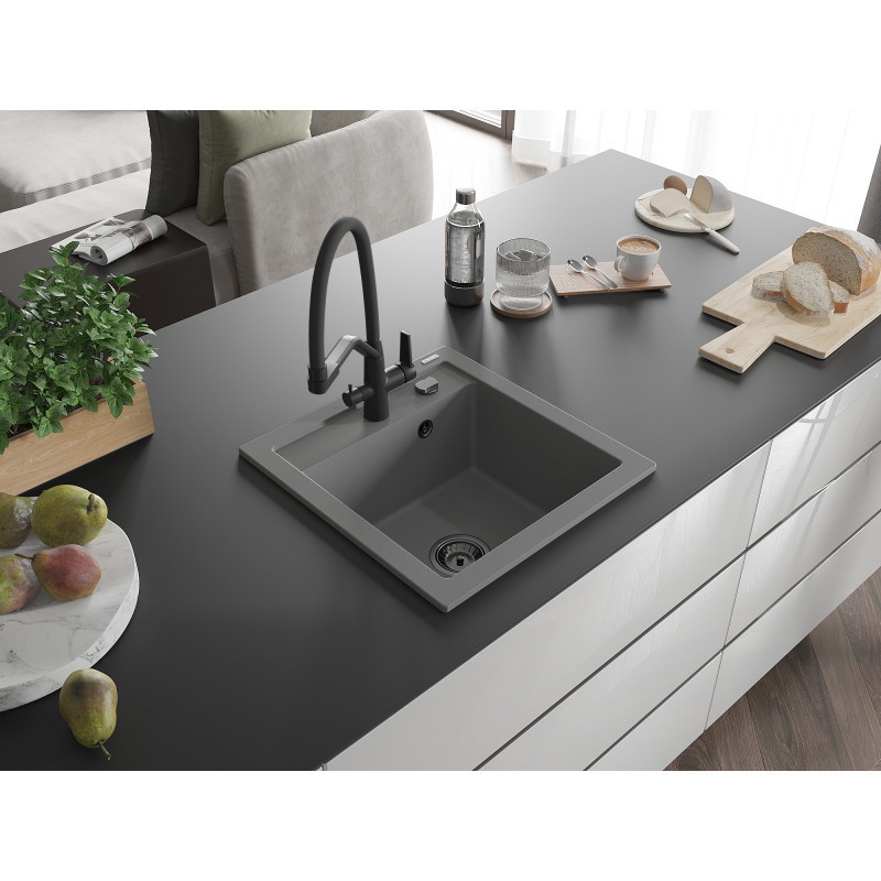 Mexen Vito Granitspüle 1-Becken mit Küchenarmatur Duo, Grau - 6503-71-671701-70-B