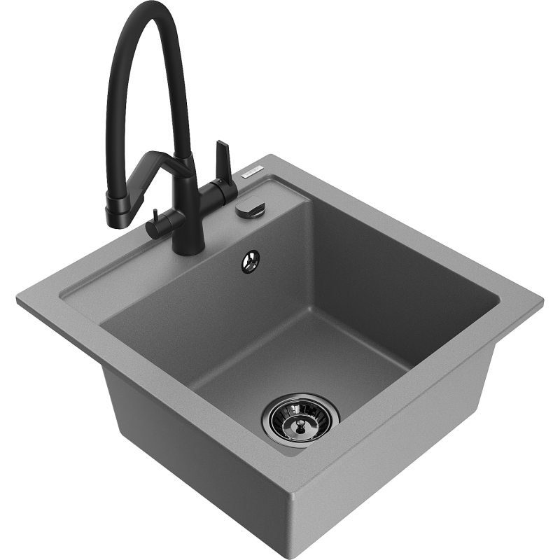 Mexen Vito Granitspüle 1-Becken mit Küchenarmatur Duo, Grau - 6503-71-671701-70-B
