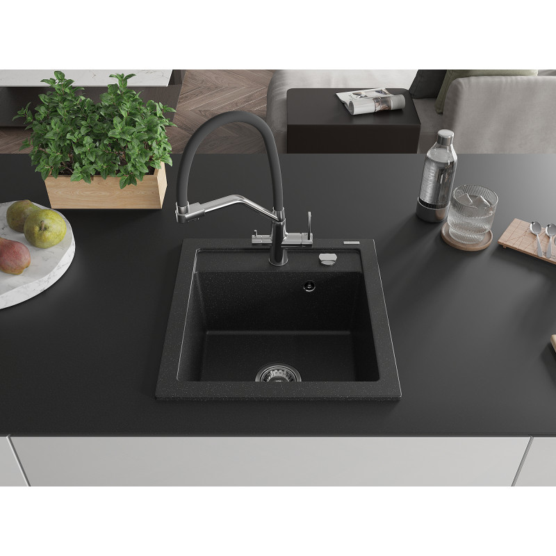 Mexen Vito Granitspüle 1-beckig mit Küchenarmatur Duo, schwarz/silber-metallic - 6503-73-671701-07