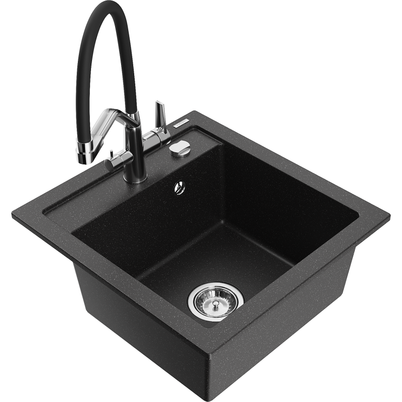 Mexen Vito Granitspüle 1-beckig mit Küchenarmatur Duo, schwarz/silber-metallic - 6503-73-671701-07