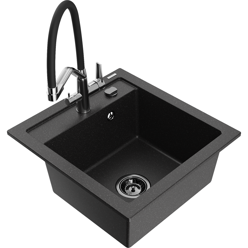 Mexen Vito Granitspüle 1-Becken mit Duo-Küchenarmatur, schwarz/silber metallic - 6503-73-671701-07-B